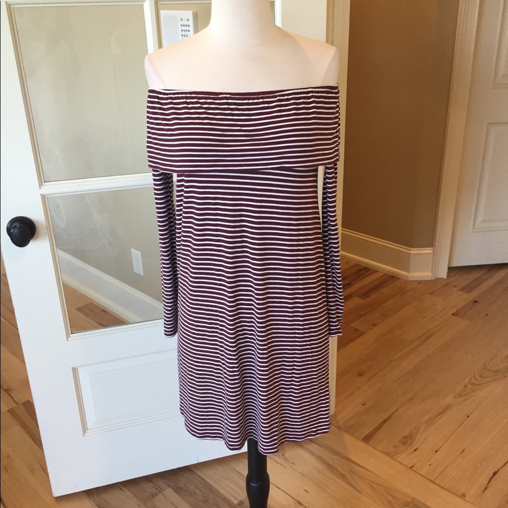 Knit Dress Striped Long Sleeve Womens XS Maroon